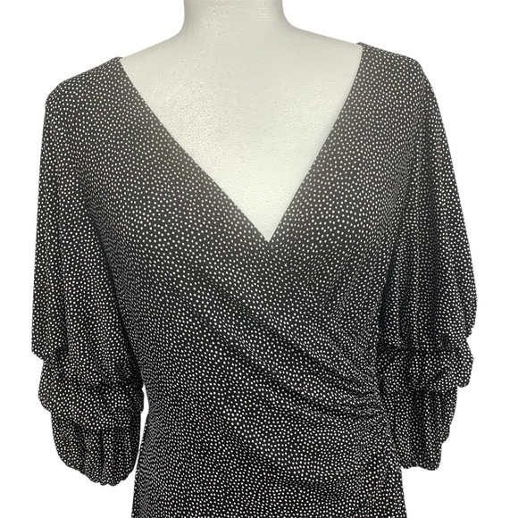 RALPH LAUREN Dress Polka Dot Faux Wrap V-neck Ruching 3/4 Tier Sleeves WHTBLK 6 - Picture 3 of 11